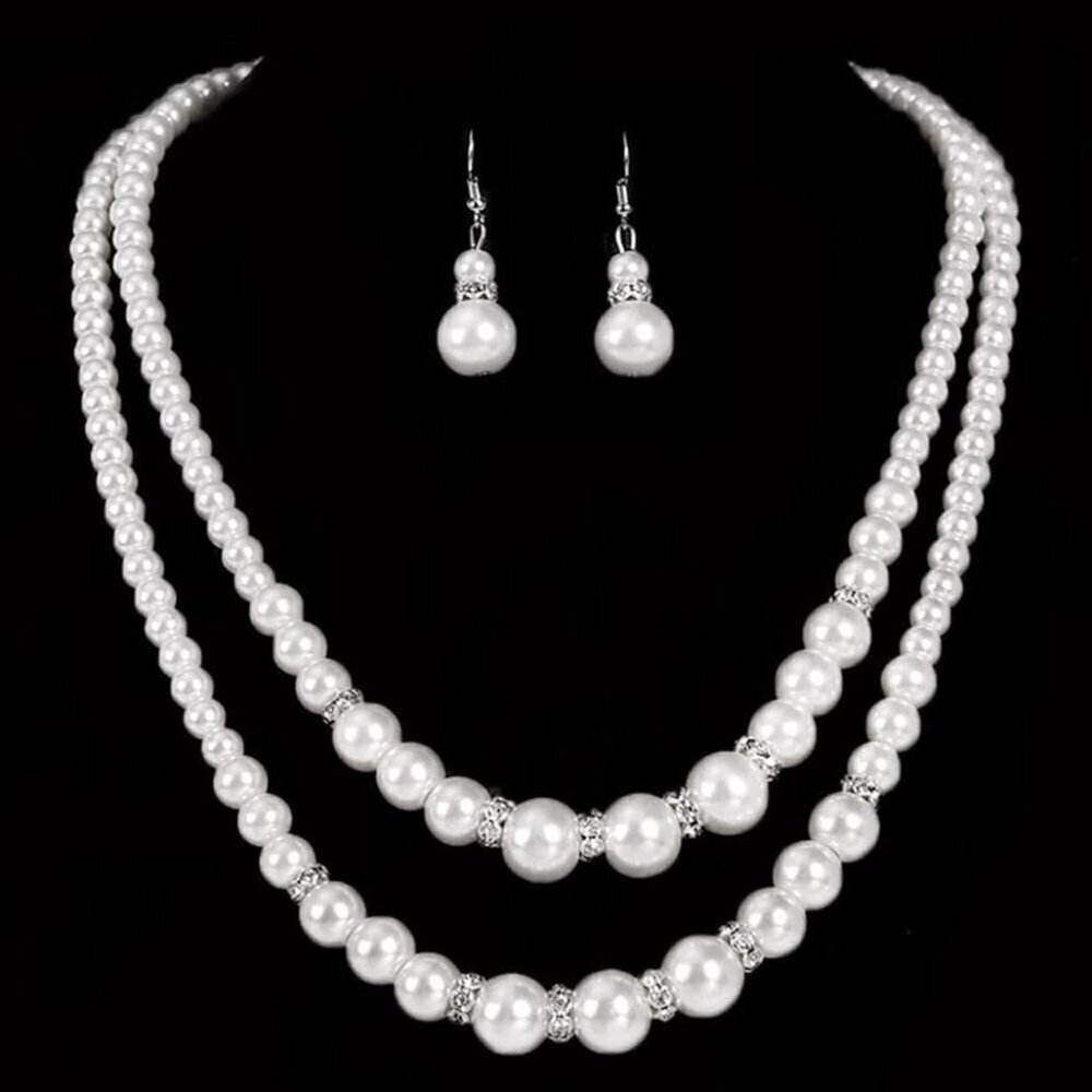 Vintage Pearl Jewelry Set Bridal Necklace Earrings Silver Crystal Brooch - Picture 3 of 9